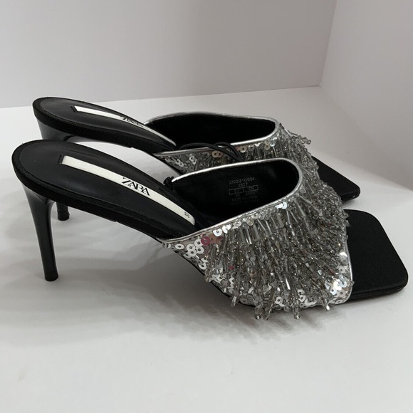NWT Zara Party Sandals Heels Size 7.5 Open Toe Beaded Sparkly Slip On Sandals - Picture 4 of 11